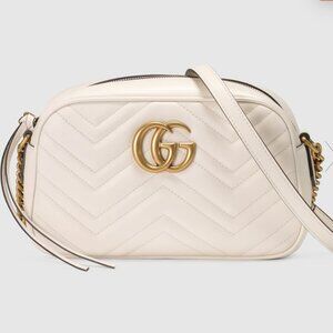 Gucci GG Marmont Small Shoulder Bag in White Leather Antique Gold Emblem - NEW